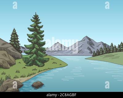 Mountain River Grafik Farbe Landschaft Skizze Illustration Vektor Stock Vektor