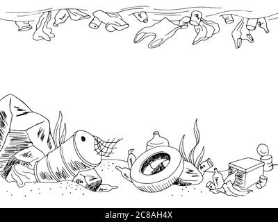 Abfall Unterwasser Ökologie Problem Grafik schwarz Landschaft Skizze Illustration Vektor Stock Vektor