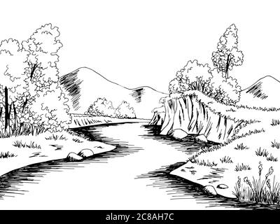 Fluss Grafik schwarz weiß Landschaft Skizze Illustration Vektor Stock Vektor