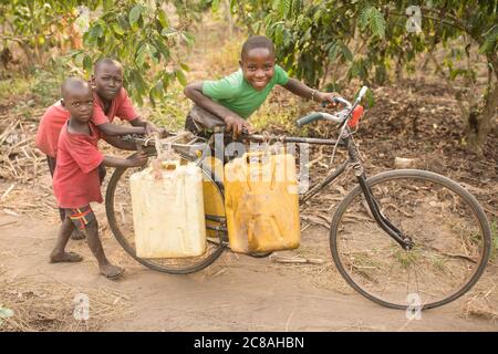 Kinder nutzen ein Fahrrad, um Wasser in einem ländlichen Dorf im Rakai District, Uganda, Ostafrika zu holen und zu transportieren. Stockfoto