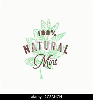 Natürliche Minze abstrakte Vektor-Zeichen, Symbol oder Logo-Vorlage. Handgezeichnete Minzzweigblätter mit Premium Vintage Typografie. Stilvoller Vintage-Vektor Stock Vektor