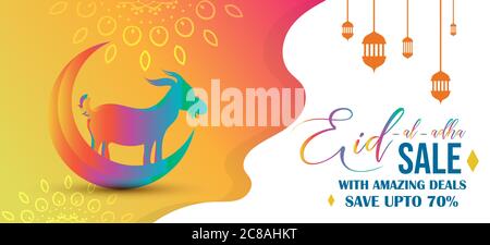 Eid al adha, Eid qurban Verkaufsbanner mit Ziege und Halbmond, Vektorgrafik Stock Vektor