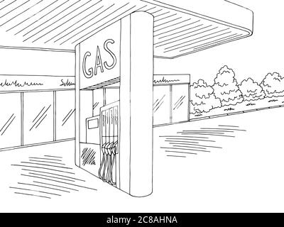 Tankstelle Außengrafik schwarz weiß Skizze Illustration Vektor Stock Vektor