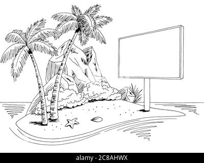Insel Billboard Grafik schwarz weiß Landschaft Skizze Illustration Vektor Stock Vektor
