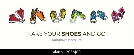 Sneaker Schuhe Paare isoliert. Handgezeichnete Vektor-Illustration Satz von farbigen Schuhen. Sportstiefel handgezeichnet für Logo, Poster, Postkarte, Modeheft Stock Vektor