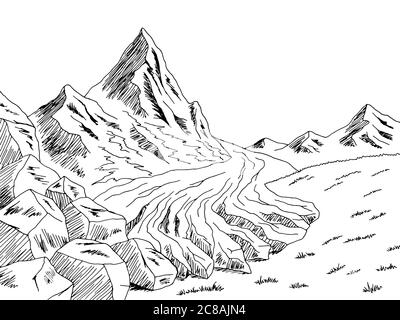 Gletscher Berge Hügel Grafik schwarz weiß Landschaft Skizze Illustration Vektor Stock Vektor