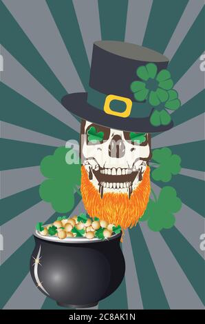 Abstrakter menschlicher Schädel mit Kleeblatt-Blättern-Design für St. Patrick's Day. Stock Vektor