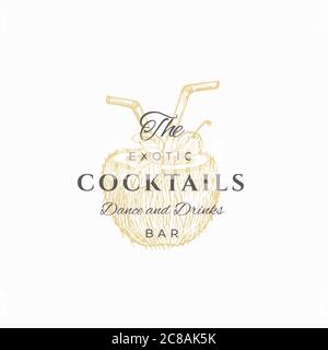 Die exotischen Cocktails Abstract Vektor-Zeichen, Symbol oder Logo-Vorlage. Handgezeichnete Kokosnusshälfte mit Trinkpfeifen Sketch und Retro Typografie. Elegant Stock Vektor