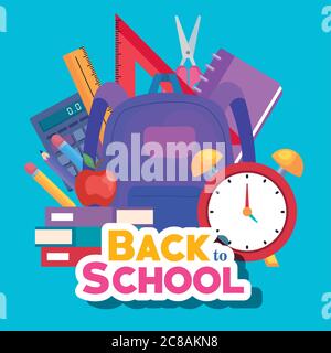 Back to School Banner mit Rucksack und Zubehör Bildung Stock Vektor