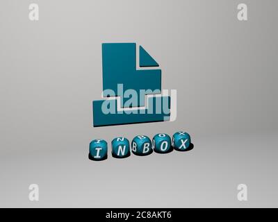 3D-Darstellung des POSTEINGANGS mit Symbol an der Wand und Text angeordnet durch metallische kubische Buchstaben auf einem Spiegelboden für Konzept Bedeutung und Diashow-Präsentation. E-Mail und Illustration Stockfoto