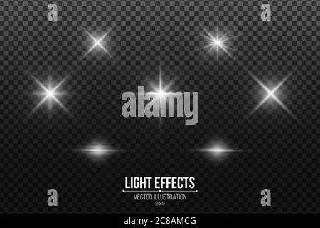 Set von leuchtenden Sternen. Lichteffekte isoliert auf einem schwarzen transparenten Hintergrund. Weiße Lichtreflexe und Lichtreflexe. Vektorgrafik. EPS 10 Stock Vektor