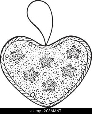 Weihnachtsdekoration für weihnachtsbaum - Herz. Doodle Illustration für ausmalen für Erwachsene Stock Vektor