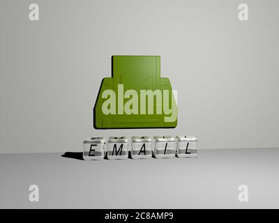 3D-Darstellung von E-MAIL mit Symbol an der Wand und Text angeordnet durch metallische kubische Buchstaben auf einem Spiegelboden für Konzept Bedeutung und Diashow-Präsentation. Illustration und Business Stockfoto