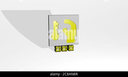 3D-Grafik-Bild der Schlüssel vertikal zusammen mit Text von metallischen kubischen Buchstaben aus der oberen Perspektive gebaut, hervorragend für das Konzept Präsentation und Diashows. Hintergrund und Illustration Stockfoto