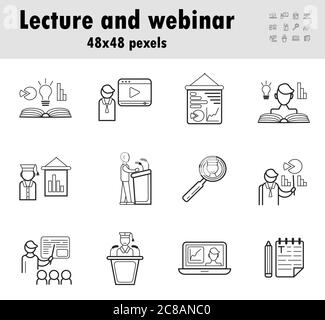 Vektor für Symbolsatz für Dozenten. Geschäftspräsentation im Gliederungsstil. Moderator, Webinar-Schild. Fernarbeit, Fernunterricht, e-Learning-Illustration Stock Vektor