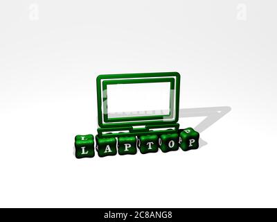 3D-Grafik-Bild von LAPTOP vertikal zusammen mit Text von metallischen kubischen Buchstaben aus der oberen Perspektive gebaut, ausgezeichnet für das Konzept Präsentation und Diashows. Computer und Business Stockfoto
