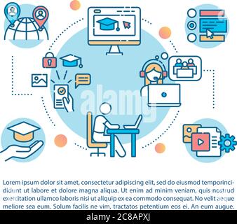 Fernschulungskonzept mit Text. E-Learning. Heimschooling. Online-Abschluss. PPT-Seitenvektorvorlage. Broschüre, Zeitschrift, Booklet Design elemen Stock Vektor