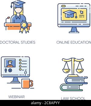 Moderne RGB-Farbsymbole für Hochschulbildung. Doktoratsstudium, Rechtsschule, Online-Schulungen und Webinare. Diplomabschluss. Isolierter Vektor il Stock Vektor