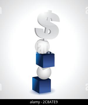 Dollar, Würfel und Kugeln Balance Illustration Design über einem weißen Hintergrund Stock Vektor