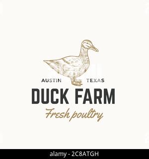 Ente Farm Fresh Poultry Abstract Vektor-Zeichen, Symbol oder Logo-Vorlage. Handgezeichnete Engraving Duck Sillhouette Skizze mit Retro Typografie. Vintage Stock Vektor
