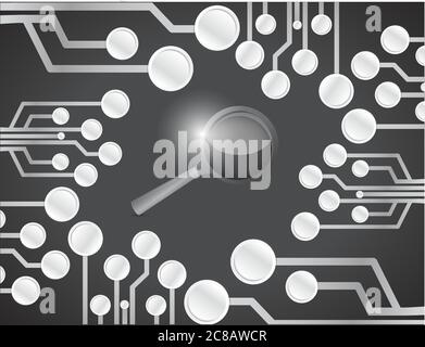 Leiterplatte und Vergrößerungsglas Illustration Design auf schwarzem Hintergrund Stock Vektor