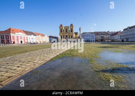 Piata unirii Platz von Timisoara, Rumänien, mit seiner typischen Barockarchitektur und der St. george katholischen Kathedrale im Hintergrund. Auch un Stockfoto