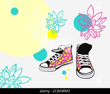 Sneakers Schuhe Paar isoliert. Hand gezeichnet Vektor Illustration rosa Schuhe gelb polka Punkte blau rosa saftige Blumen Stock Vektor