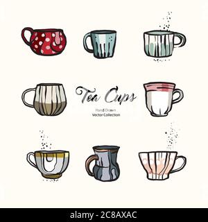 Tee Tasse Hand gezeichnet Vektor Illustration Satz alten Stil. Vektor-Linie Illustration von isolierten Becher für Café-Menü, Logo Stock Vektor