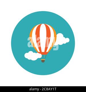 Orange Heißluftballon fliegen in den blauen Himmel mit Wolken. Flaches Cartoon-Design. Vektorhintergrund. Stock Vektor