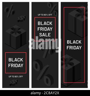 Black friday minimalistische Banner. Schwarze Geschenkboxen mit Bändern mit Prozentzeichen und Dollarzeichen. Sonderangebot bis zu 90 % Rabatt, Store-Promotion, s Stock Vektor