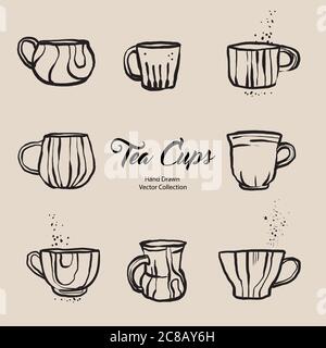 Teetasse handgezeichnete Vektor-Illustration im alten Stil gesetzt. Vektor-Linie Illustration isoliert Tasse für Café-Menü, Logo, Banner, Flayer im Retro-Handgezeichnet Stock Vektor