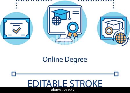 Symbol Online-Studienkonzept. Fernunterricht. Diplom und Zertifikate. Bachelor- und Masterstudiengänge Idee dünne Linie Illustration. Vektor isoliert ou Stock Vektor