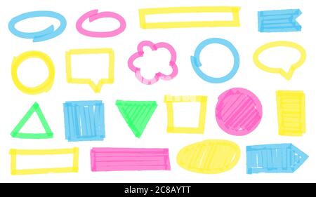 Markierungsrahmen hervorheben. Bunte geometrische Figuren und Formen Rahmen als Ellipse, Quadrat, Kreis, Rechteck und Dreieck. Helle Sprechblase oder Clou Stock Vektor