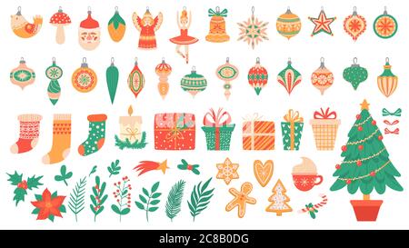 Weihnachtliche flache Elemente. Festliche Bäume mit Spielzeug und Girlanden, Lebkuchen, Weihnachten Socken und Geschenkbox bunte Neujahr Vektor Dekoration. Pflanzen Stechpalme Stock Vektor