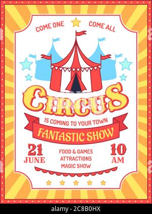 Zirkus-Poster. Spaß Messe Event Einladung, Karneval Aufführungen Ankündigung, Zirkuszelt und Ad Text Retro Banner Vektor Hintergrund. Markee mit Ventilator Stock Vektor