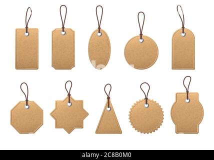 Preisschild Bastelpapier. Leere Einkaufsetiketten mit Seil, Vintage Papier braune Tags für die Kennzeichnung der Preisgestaltung, hängende Tag realistische Vektor-Mockups. Geschenkbox Stock Vektor
