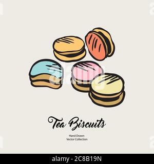Macarons isolierte handgezeichnete Vektorlinie Illustration in altem Stil. Vector Tee Kekse, Cookies für das Kochen Logo Stock Vektor