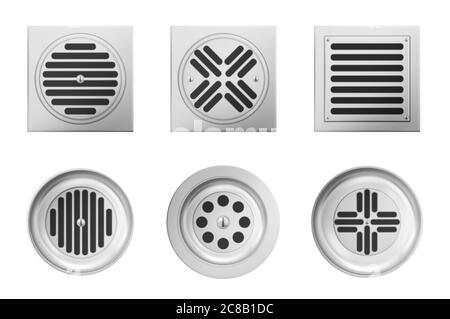 Metallabflussgitter für Dusche oder Waschbecken isoliert auf weißem Hintergrund. Vector realistische Satz von quadratischen und runden Abfluss Schachtloch mit Stahlgitter auf Kanal im Bad oder Dusche Boden Stock Vektor
