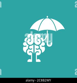 Hirn-Charakter mit Regenschirm-Symbol. Intellekt, Psychologie, Wissen einfaches Piktogramm isoliert auf blau. Flache Vektordarstellung. Kreativer Hirntrai Stock Vektor