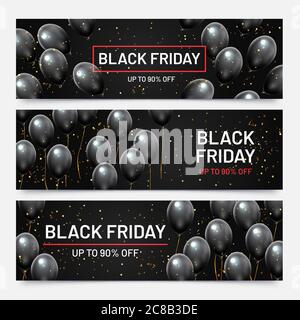 Black friday Verkauf horizontale Banner gesetzt. Fliegende glänzende Ballons mit fallenden goldenen Konfetti. Rabatt für Produkte im Geschäft, großer Verkauf bis zu 90 Percen Stock Vektor