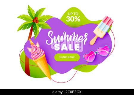 Sommer Verkauf abstrakt Banner Design Vorlage. Einhorn-Eis, rosa Herz Sonnenbrille, Palmenvektor Illustration. Poster mit Saisonrabatt. Hand-dra Stock Vektor