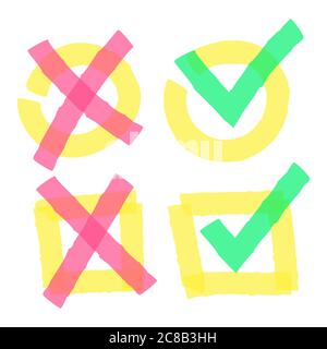 Markierungsmarkierungen für farbige Hervorhebung. Doodle grüne Zecken und rote Kreuze in Kreis- und Vierkantboxen. Handgezeichnet helle korrekte und falsche Zeichen in Gelb Stock Vektor