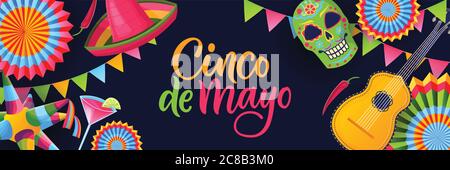 Cinco de Mayo Fiesta schwarzen Hintergrund. Poster oder Grußkarte mit Kalligraphie-Schriftzug und mexikanischen nationalen Symbolen. Vektor flach Cartoon illus Stock Vektor