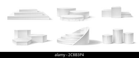 Realistisches Siegerpodium. Leere Sockel verschiedene Formen für Preisverleihung Sport Wettbewerb ersten, zweiten und dritten Platz Vektor-Set. Weiße 3d-Plate Stock Vektor