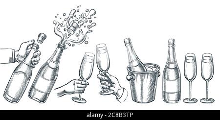 Champagner Vektor handgezeichnete Skizze Illustration. Menschliche Hand hält Explosion Champagner Flasche und Trinkglas. Urlaub Alkohol Set, isoliert auf wh Stock Vektor