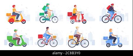 Roller geliefert. Guy Kurier in Helm auf dem Fahrrad trägt Paket, Fast Food. Lieferung Produkt mit Moped in Stadtlandschaft Vektor-Set. Frau und Mann c Stock Vektor
