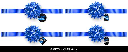 Set von blauen Schleifen mit horizontalen Bändern, Schatten und Verkauf Etiketten und Tags auf weißem Hintergrund Stock Vektor