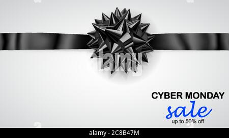 Schwarze Schleife mit horizontalem Band mit Schatten und Inschrift Cyber Monday Sale auf weißem Hintergrund Stock Vektor