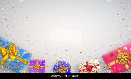 Hintergrund mit bunten Geschenkboxen mit Bändern, Schleifen und verschiedenen Mustern Stock Vektor