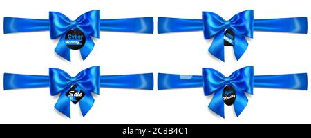 Set von blauen Schleifen mit horizontalen Bändern, Schatten und Verkauf Etiketten und Tags auf weißem Hintergrund Stock Vektor